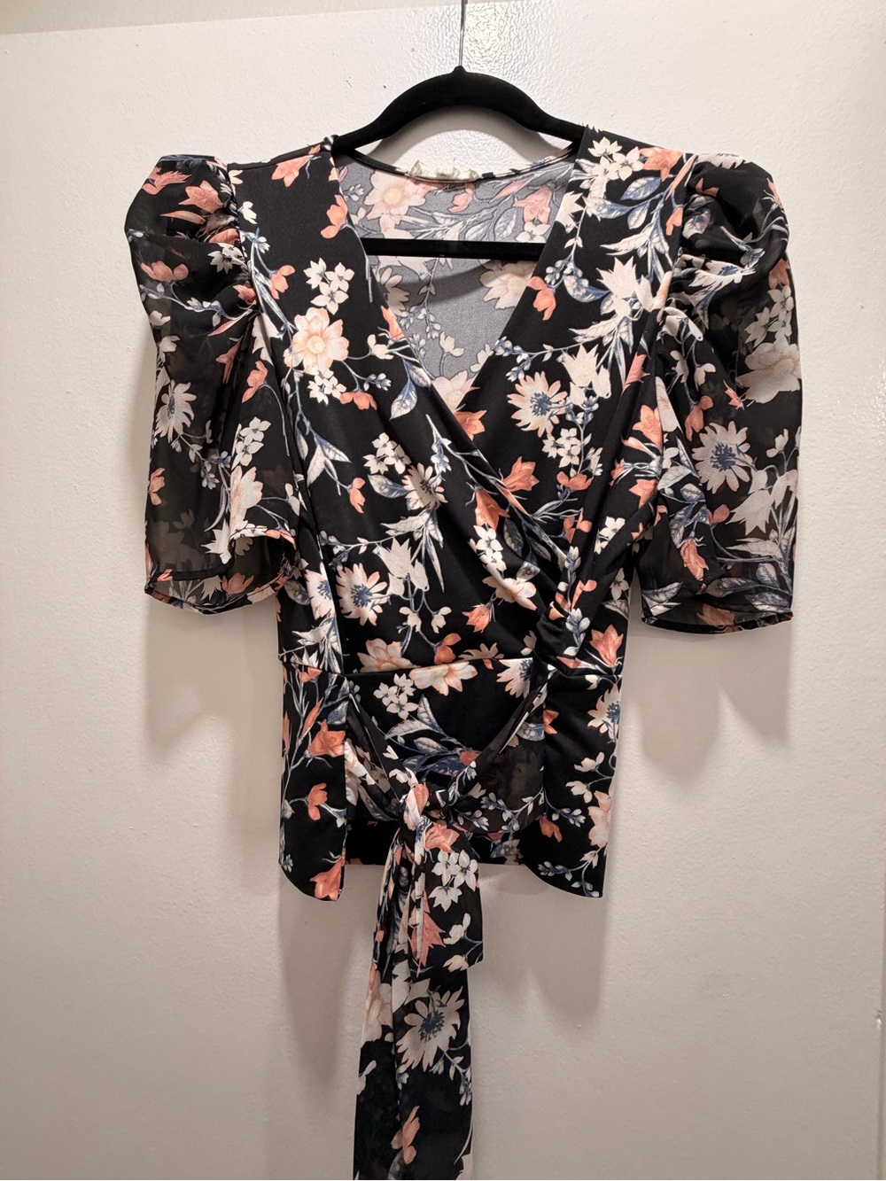PerSeption Concept Black Floral Wrap Blouse with Peach Accents
